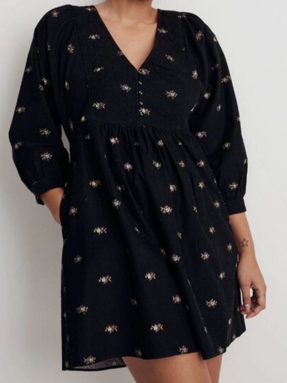 Madewell Sz Small Black Floral V-Neck Cotton Dress - Picture 4 of 9